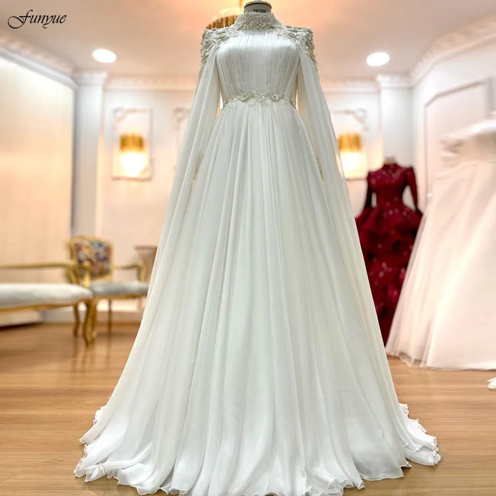 

Funyue A-Line Elegant Long Sleeve Muslim Bride Dress with Cape Chiffon High Neck Flowers Lace Wedding Gown Robe De Mariée 2024