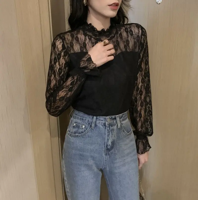 Elegant Solid Color Spliced Lace Hollow Out Blouse Women's Clothing 2023 Spring New Warm Casual Pullovers All-match Sweet Shirt