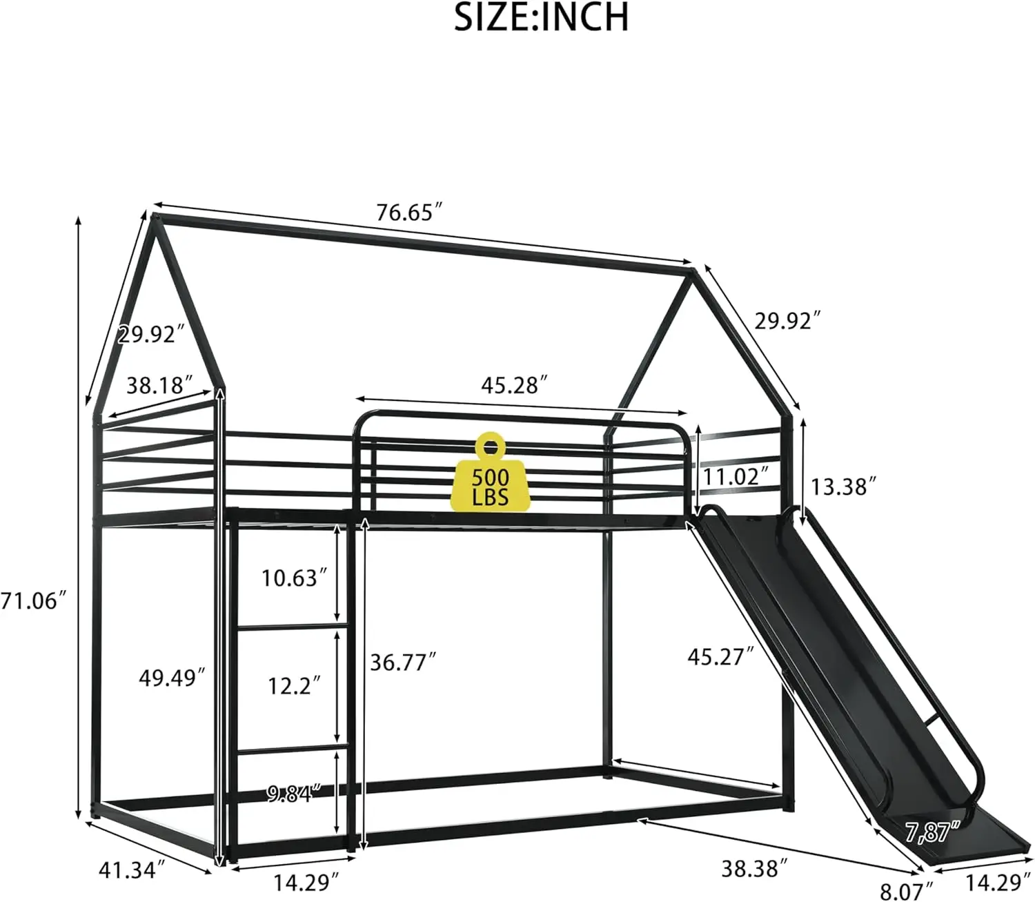 Twin Over Twin Bunk Bed with Slide, Junior House Low Bunk Bed Metal Bunkbeds with Ladder and Full-Length Guardrail for Girl, 2