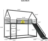 Twin Over Twin Bunk Bed with Slide, Junior House Low Bunk Bed Metal Bunkbeds with Ladder and Full-Length Guardrail for Girl, 2