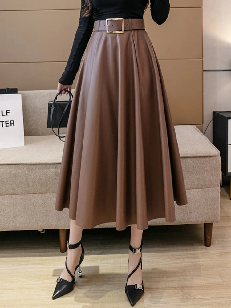 

Women's Leather Skirt High Waist Slim A-line Korean Fashion PU Leather Skirt Belt Design 2023 Autumn/Winter New Black Midi Skirt