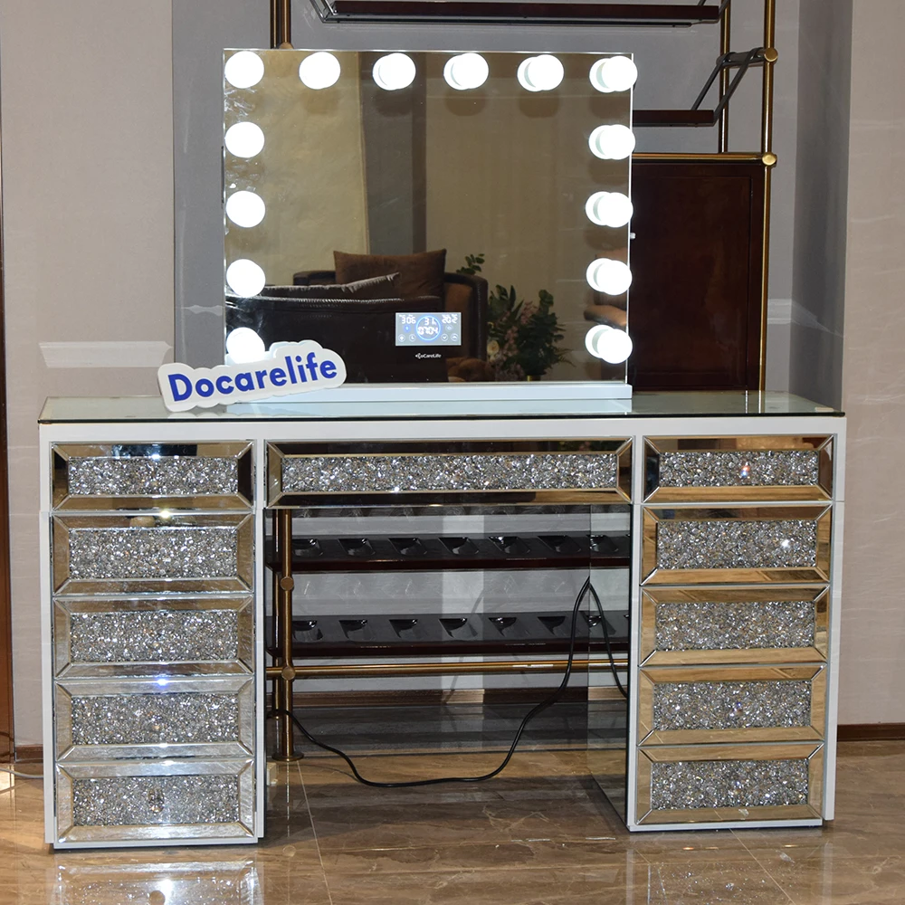 Crushed Diamond bedroom funiture Mirrored Vanity Table Vanity Mirror With LED lights