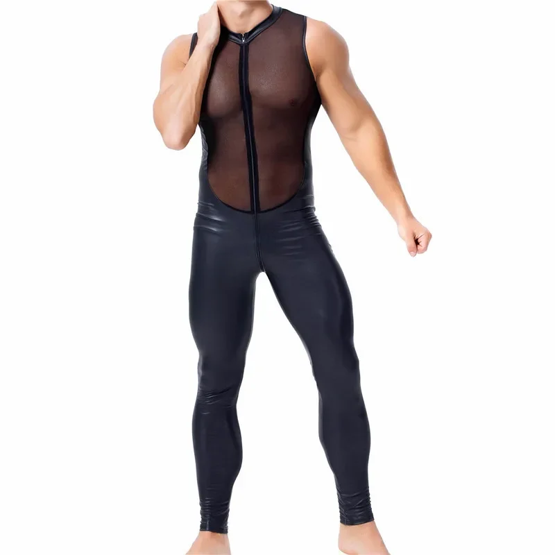 Mens PU Leather Jumpsuit Male Sleeveless One-piece Faux Leather Bodysuit Stage Men's Leotard Wrestling Singlet Men Clubwear