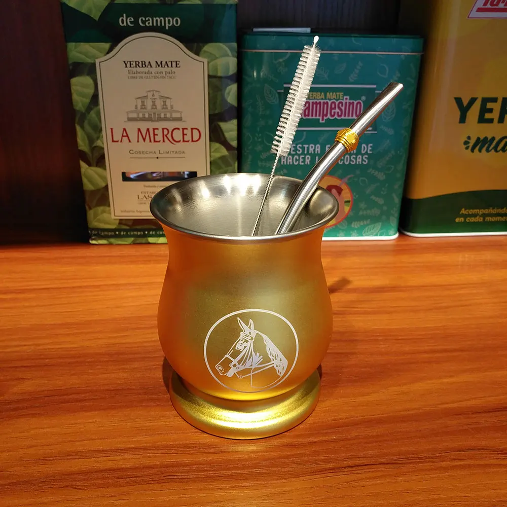 1 Set/Lot Gaucho Yerba Mate Gourds Cup Stainless 6 OZ Double Wall Heat Insulation With Removable Filter Straw & Cleaning Brush