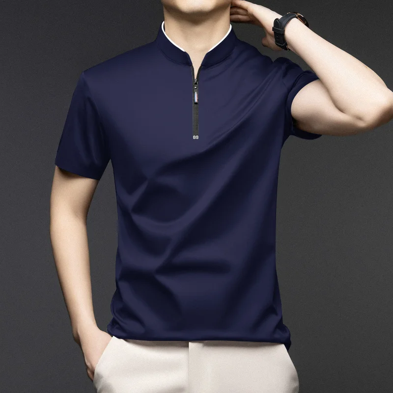 Lässiges, modisches Herren-Poloshirt mit Reißverschluss, einfarbig, kurzärmelig, Stehkragen, vielseitiges, bequemes Oberteil – Detail 9
