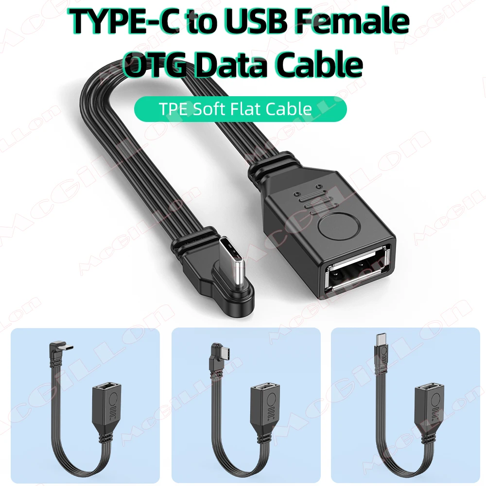 Cabo USB plano tipo C para OTG, adequado para telefones, tablet e computadores, função em adaptador TYPE-C macho de 90 graus para USB 2.0 fêmea