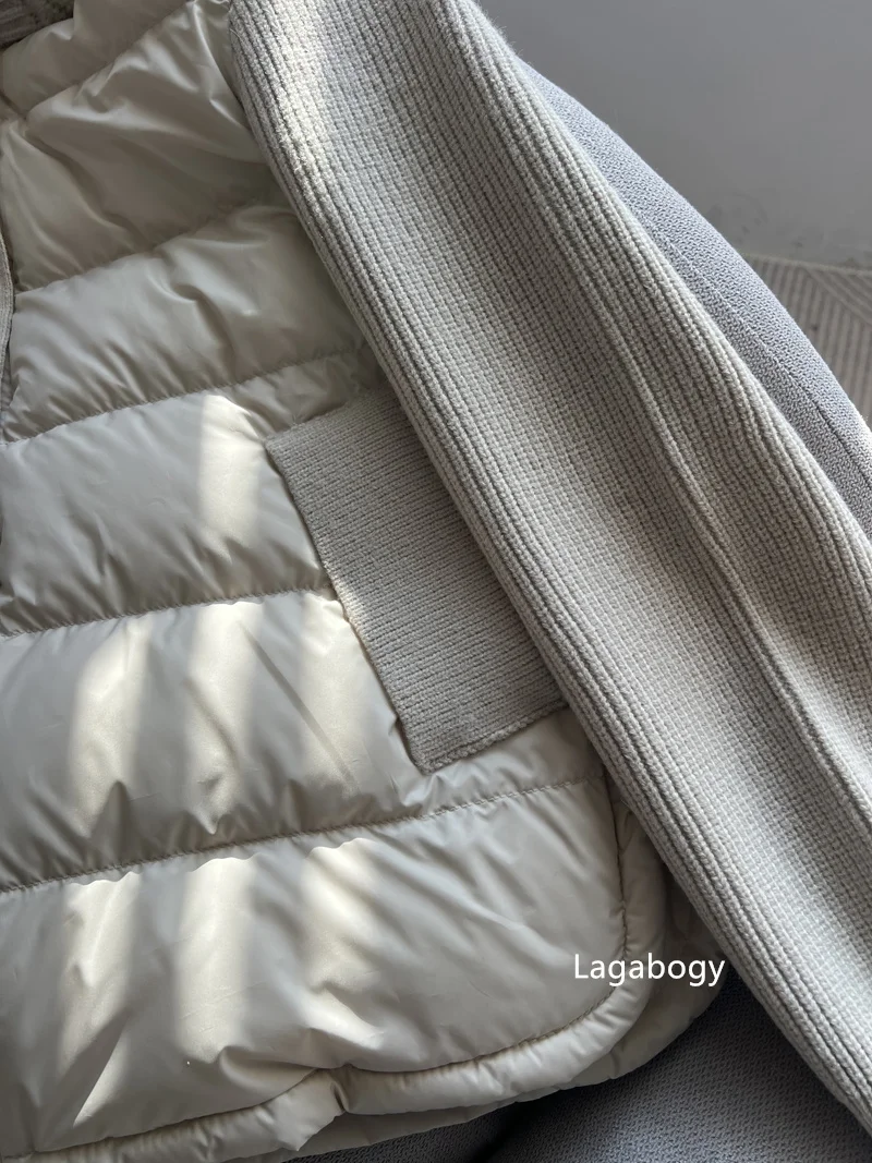 Lagabogy 2025 New Autumn Winter Knitted Patchwork White Duck Down Jacket Women Drawstring Hooded Warm Lightweight Puffer Coat