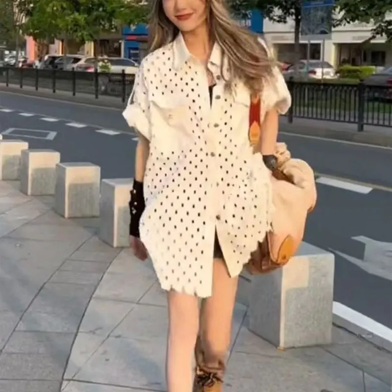 Commute Fashion Hollow Out Blouse Summer Thin Solid Color All-match Polo-Neck Short Sleeve Female Clothing Pockets Spliced Shirt