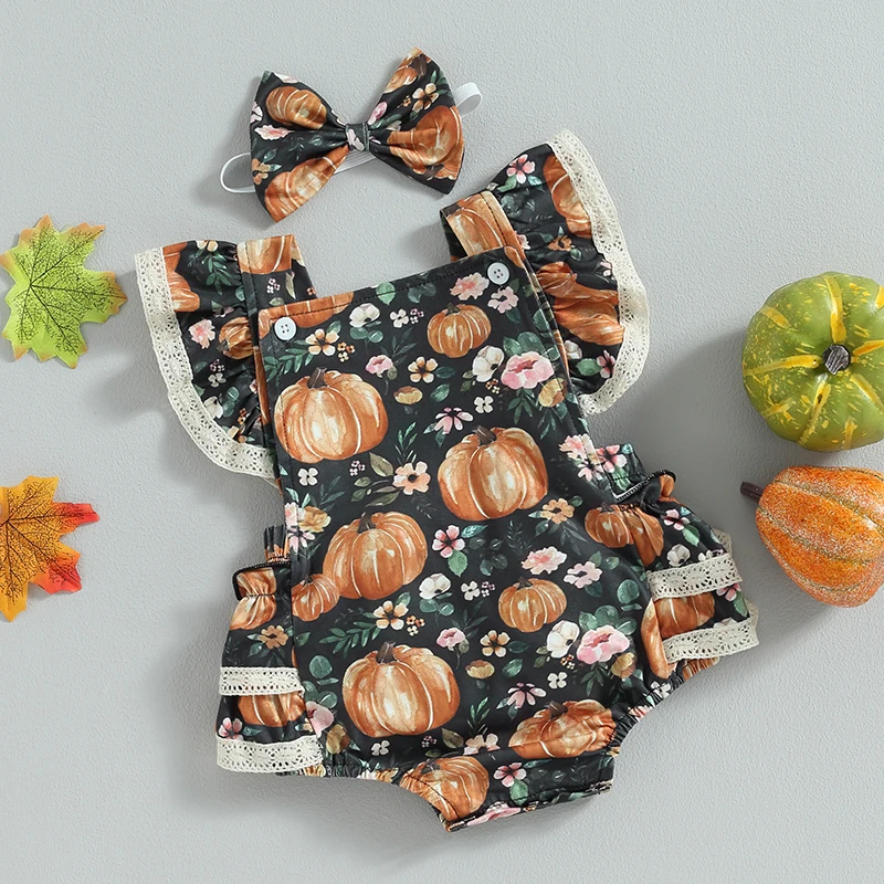 Costume Halloween Bébé Fille - Body Manches Longues Imprimé Citrouille + Accessoire Cheveux - 2 Pièces