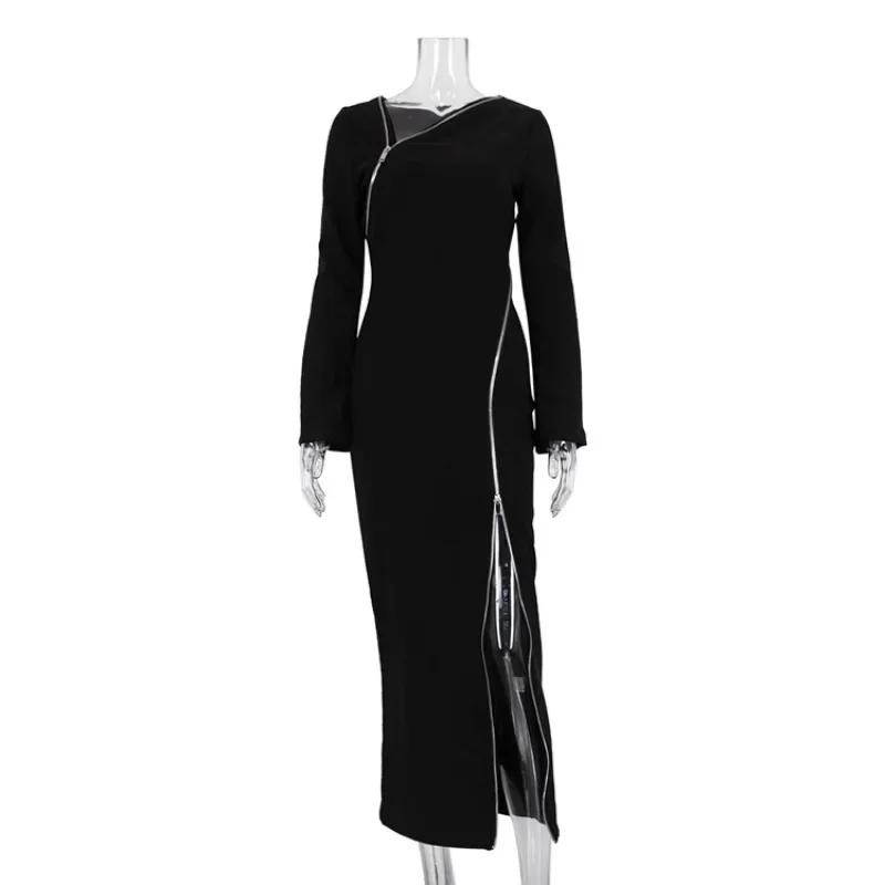 Zipper Patchwork Black Long Dress Women Off-Shoulder High Waist Elegant Clothes Party Dress Casual Ladies Slim Maxi Dress