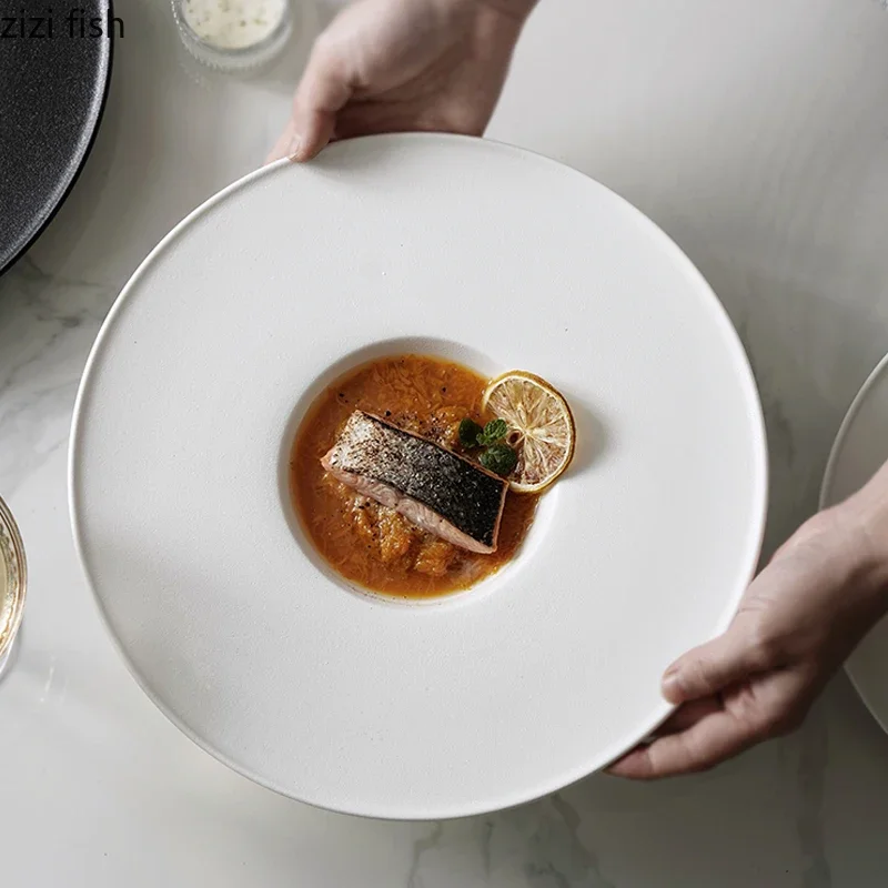 Black White Straw Hat Plate Ceramic Tableware Thick Soup Dish Dessert Dim Sum Dish Pasta Plate Serving Simple Tableware