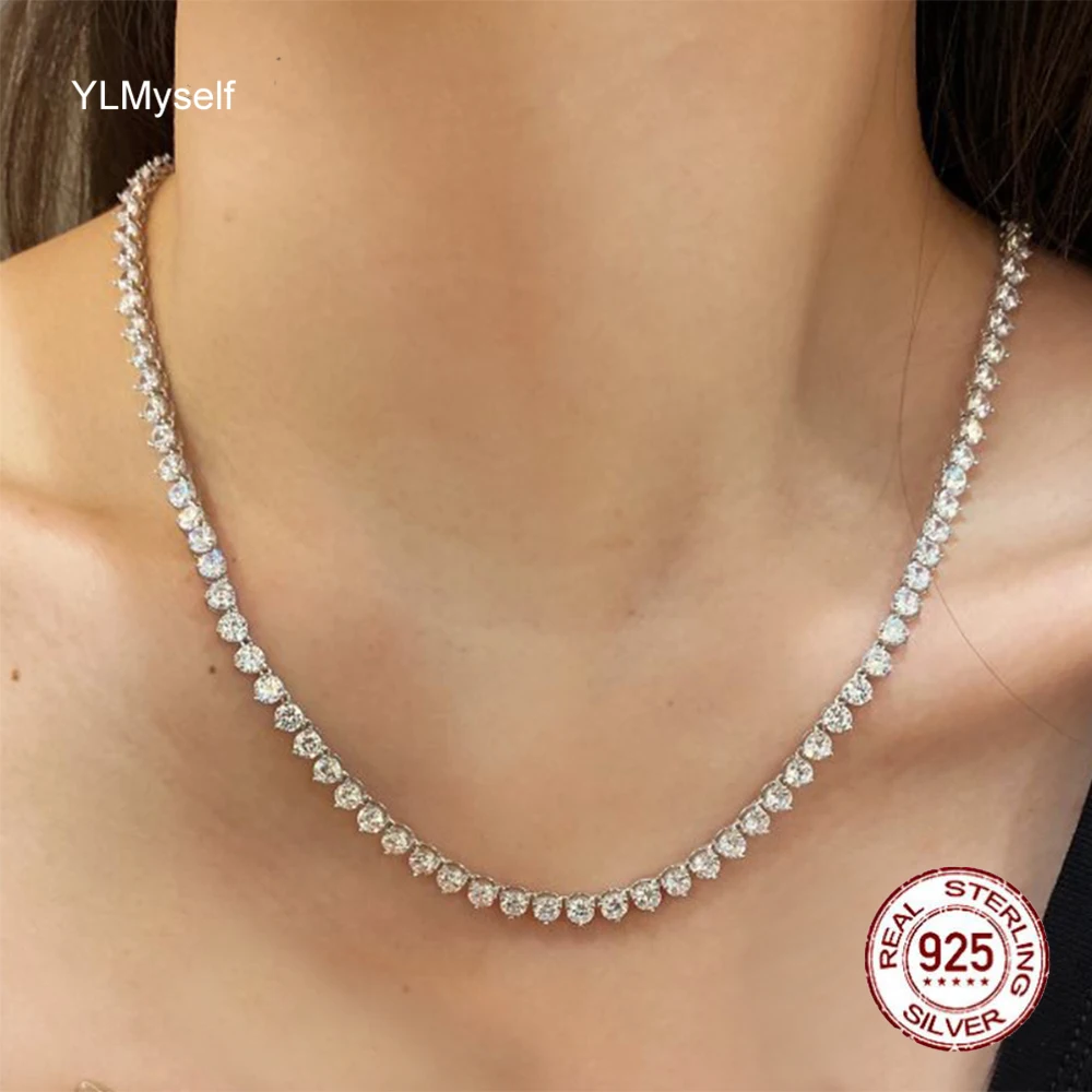 Real925SterlingSilverTennisChainNecklace3ClawsPave4mmWhite