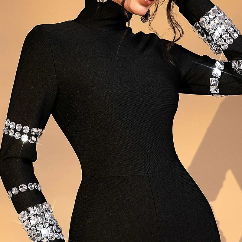 BPN Streetwear Patchwork Diamonds Jumpsuits For Women Stand Collar Long Sleeve High Waist Solid Slimming Jumpsuit Female Fashion