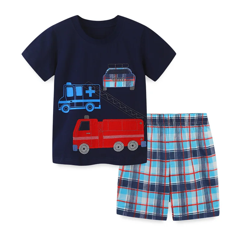 

Boys Sets 2023 New Summer Cotton Children's Clothing For Kids Casual Car Short Sleeve T-shirt+Plaid Shorts 2pce Outfits 2-7Years