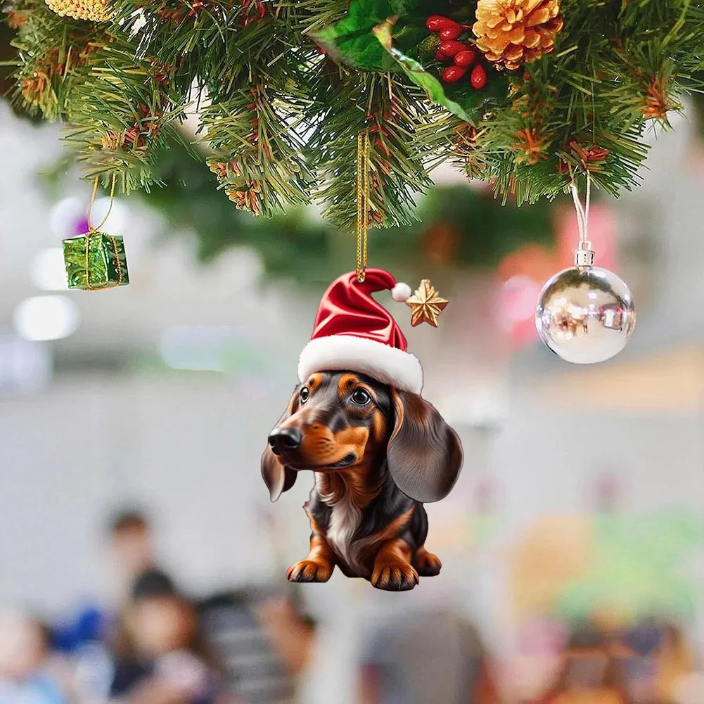 Christmas Cute Dog Pendant Acrylic Dog Figurines Decor Funny Puppy Pendant Xmas Tree Backpack Car Interior Decor