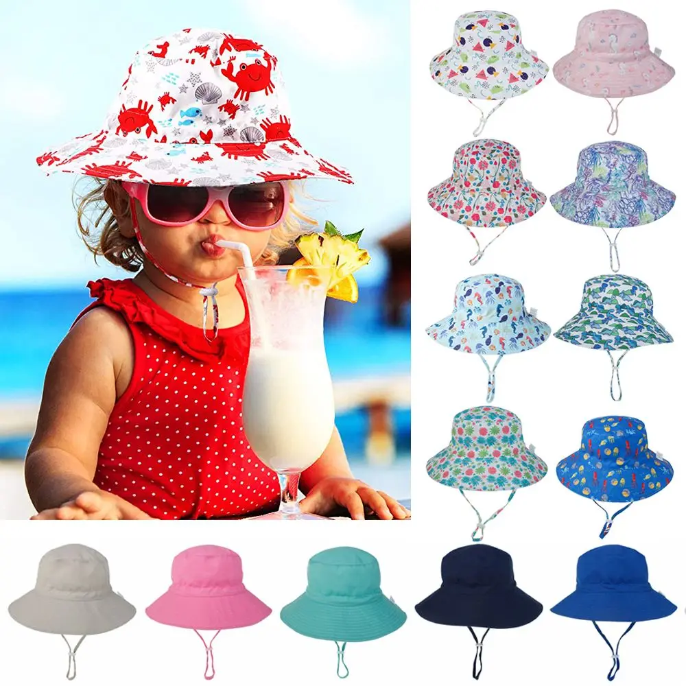 Summer Boys Girls Wide Brim Swimming Hats UV Protection Bucket Hat with Adjustable Chin Strap Beach Cap Baby Sun Hat