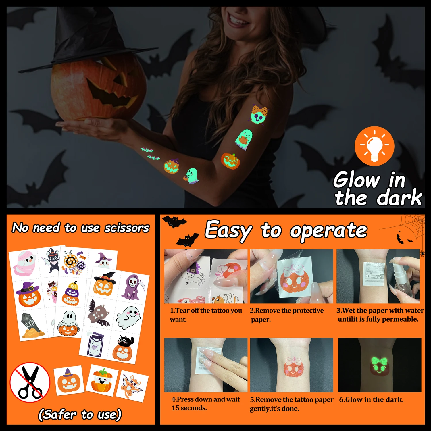 Luminous Halloween Temporary Tattoo Set - 10 Sheets of Assorted Designs for Party Fun and Gift-Giving