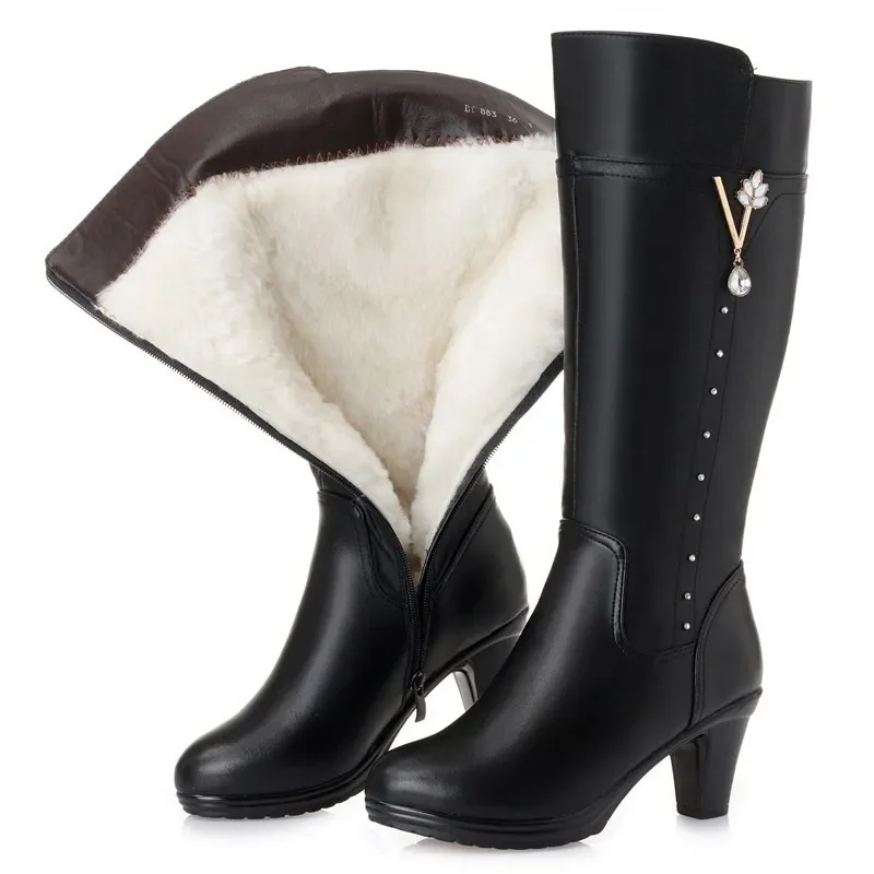 

Women's Winter Boots Genuine Leather Female Boots Size dropshipping Warm High-heeled Wool Boots Women Trend Riding Boots Women