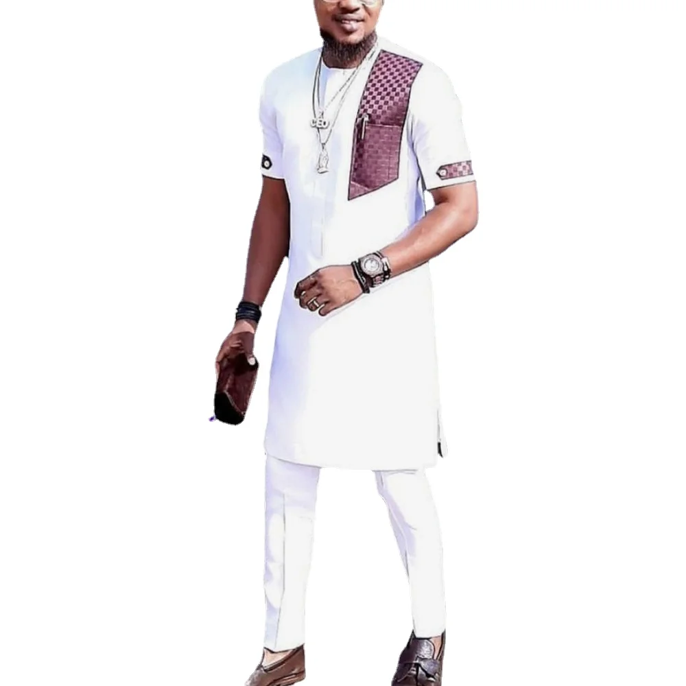 African Clothes Men 2pieces Sets Wedding Short-sleeved Tops Pants Kaftan Outfits Ethnic Casual Style Men's Traditional Suit Wear