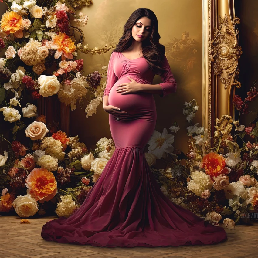 

Velvet Pink Mermaid Maternity Robes for Photoshoot V Neck 3/4 Sleeves Women Pregnancy Dresses Floor Length Baby Shower Gowns