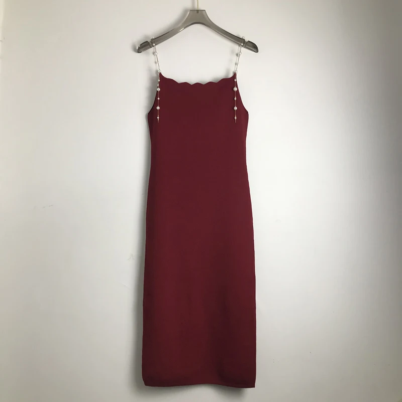 

Модное вязаное платье с жемчужинами на бретелях для женщин, летние французские элегантные облегающие платья средней длины s276