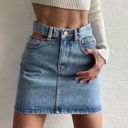 Kozoca Chic Single Side Hollowed Out Denim Skirt High Waist Slim Fit Casual Buttocks Wrapped Blue Short Skirts for Women