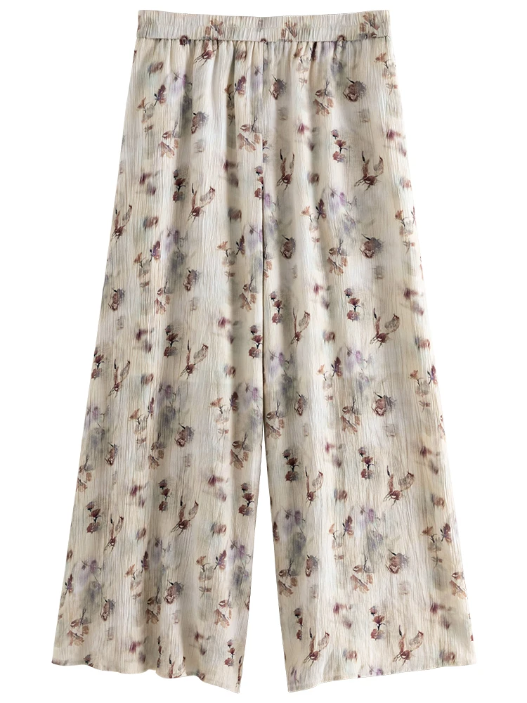 DUSHU Special Ink Printed Nine-point Casual Pants for Women New Summer Loose Wide-leg Elastic Waist Trousers Female 24DS82053