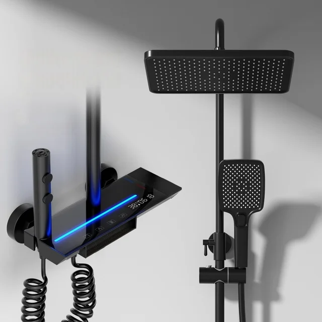 ก๊อกน้ําระบบอุณหภูมิดิจิตอลจอแสดงผลชุดฝักบัวหัวฝักบัวร้อนเย็นทองเหลืองก๊อกน้ําห้องน้ําชุด Wall Mount 1