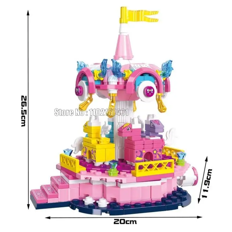283Pcs Girl Amusement Park Playground Carrousel Merry-Go-Round Building Blocks Toy Brick