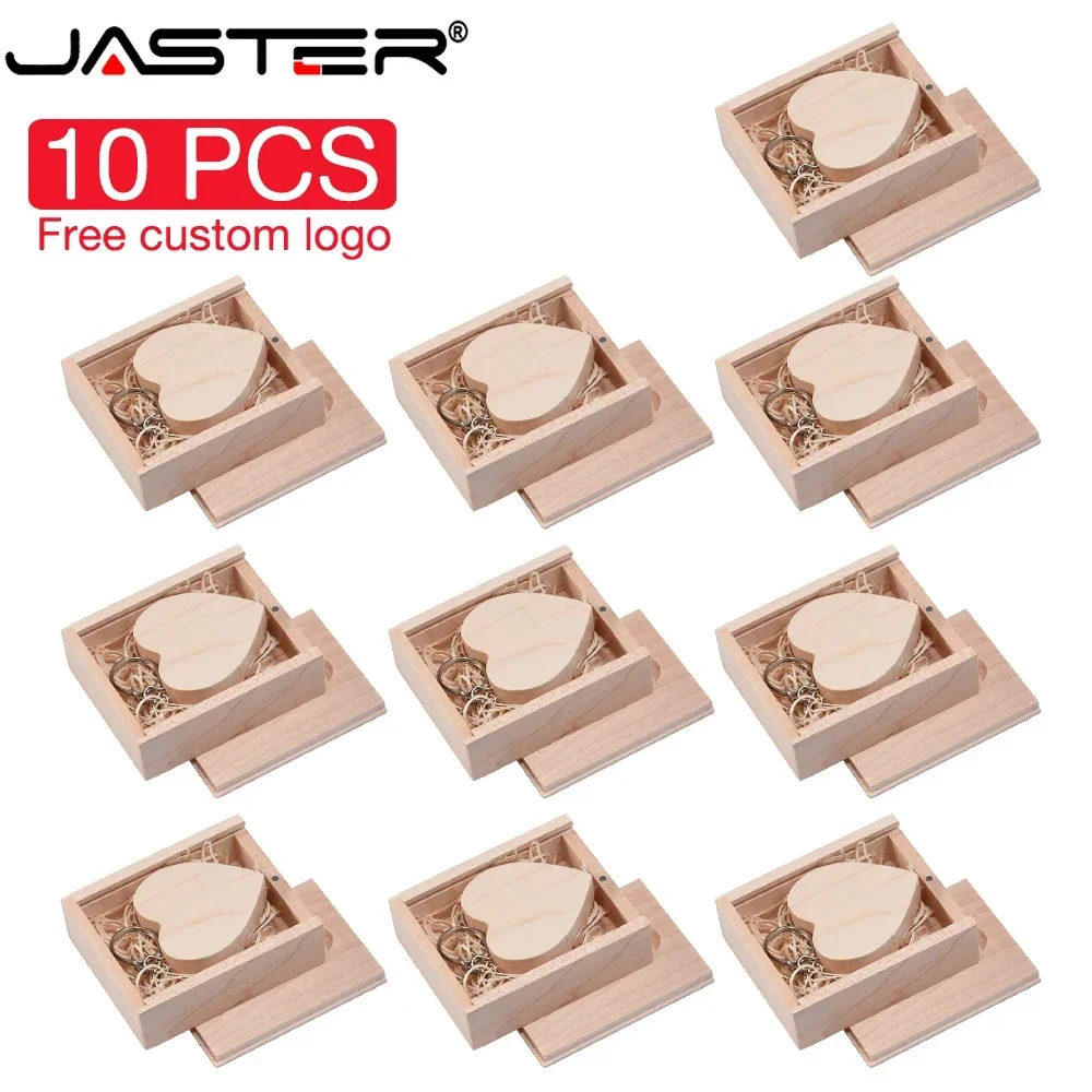 

JASTER 10 PCS LOT Maple Wood Box USB Flash Drive 128GB Free Logo PenDrive 64GB Heart Memory Stick 32GB Business Gift U Disk 16GB