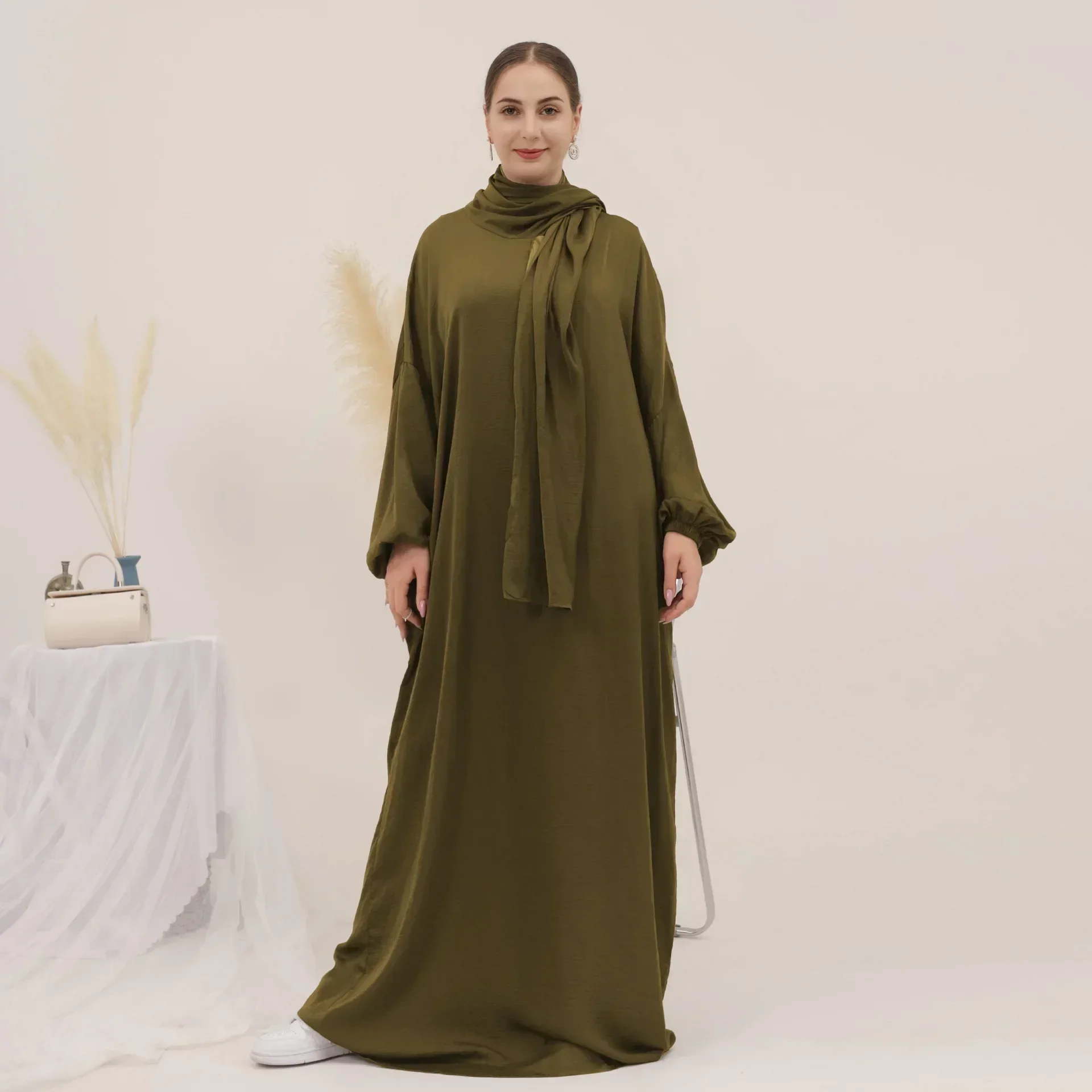 Ramadan Hooded Abaya with Integrated Veil Niqab Prayer Dress Muslim Eid Loose Abayas for Women Kaftan Hijab Robe Islam Dubai