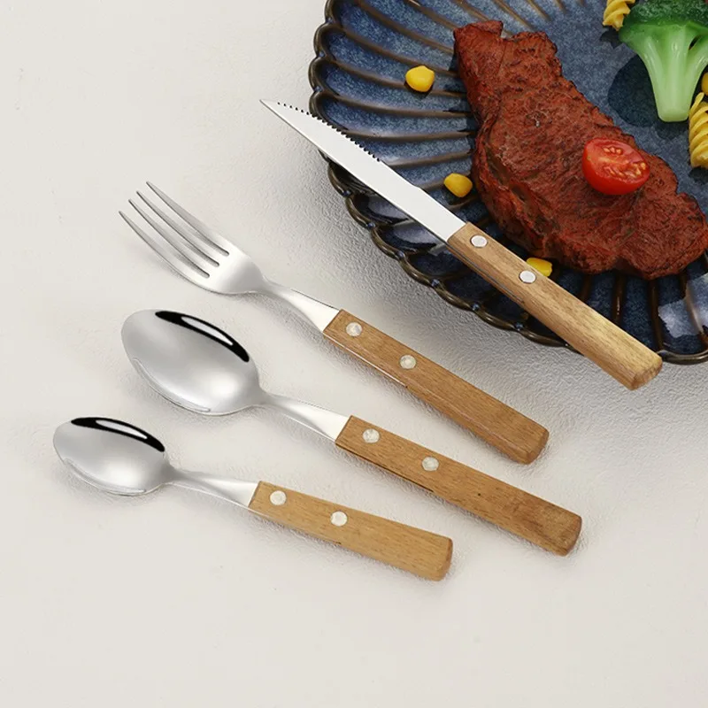 Wooden Handle Cutlery Set Stainless Steel Knife Fork Spoon Ideal for Home Kitchen Dining and Restaurant Use Stylish Flatware