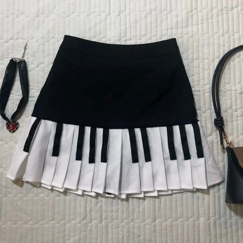 American Retro Sweet Black White Piano Skirts 2025 Summer New Pleated Skirt Woman Y2k Slim Fit High Waist Fashion Faldas Mujer 2