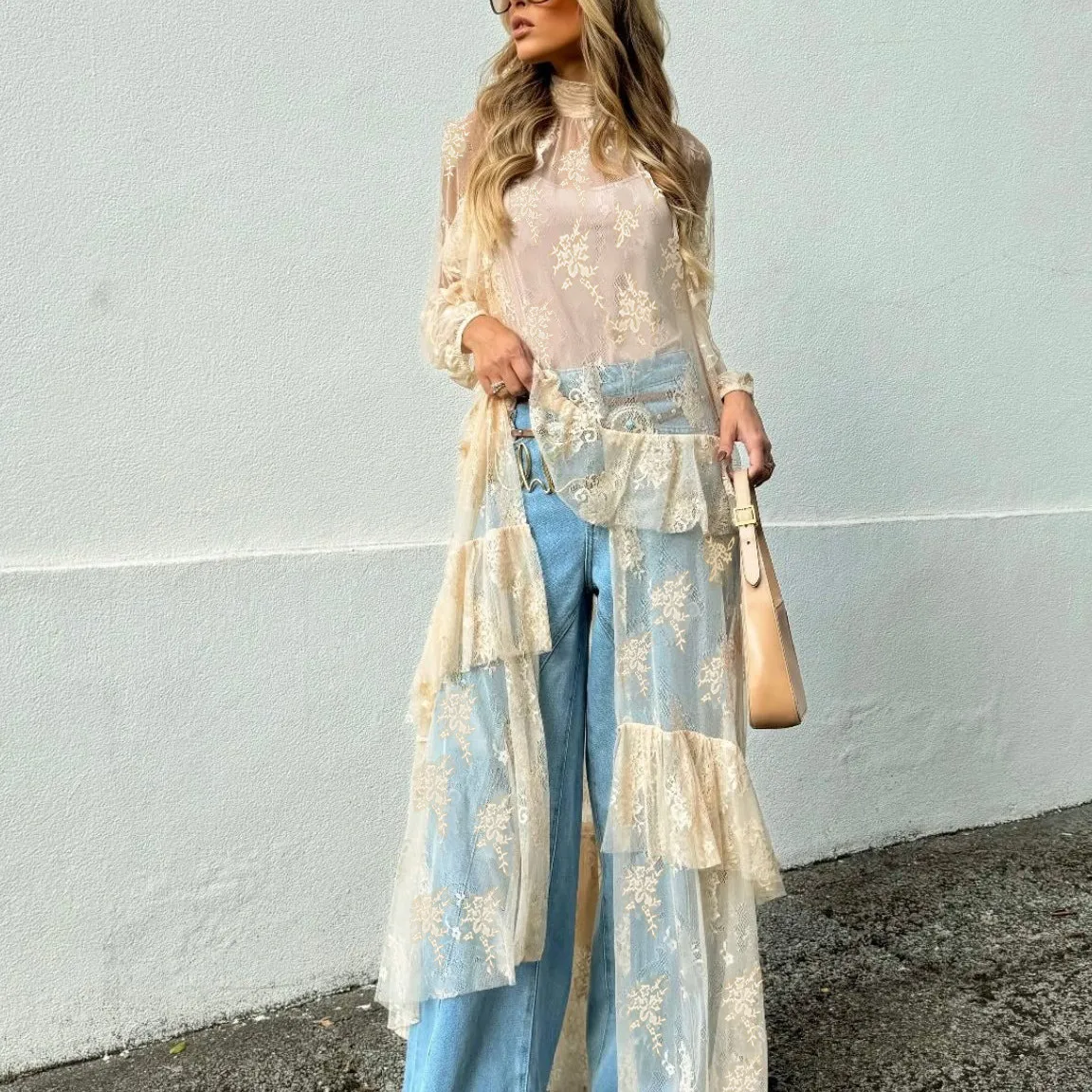 Women Sheer Long Sleeve Lace Duster Robe See Through Mesh Short Front Long Back Casual Flowy Top Asymmetrical Cover Ups