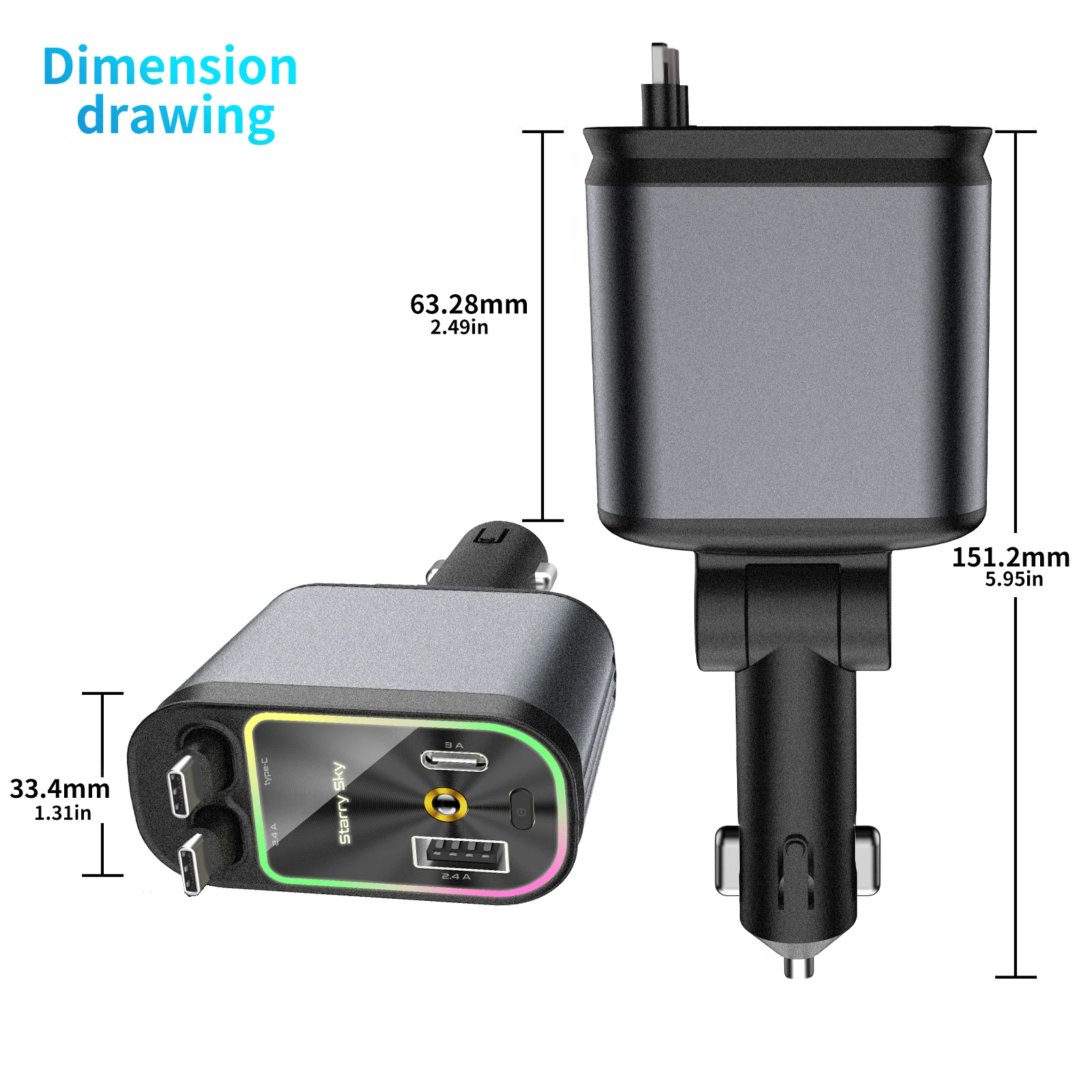 4-in-1 Car Charger with 2 Retractable Cable 120W Fast Charger Power Adapter Car Charger With Starlight For IOS Android Phones 2