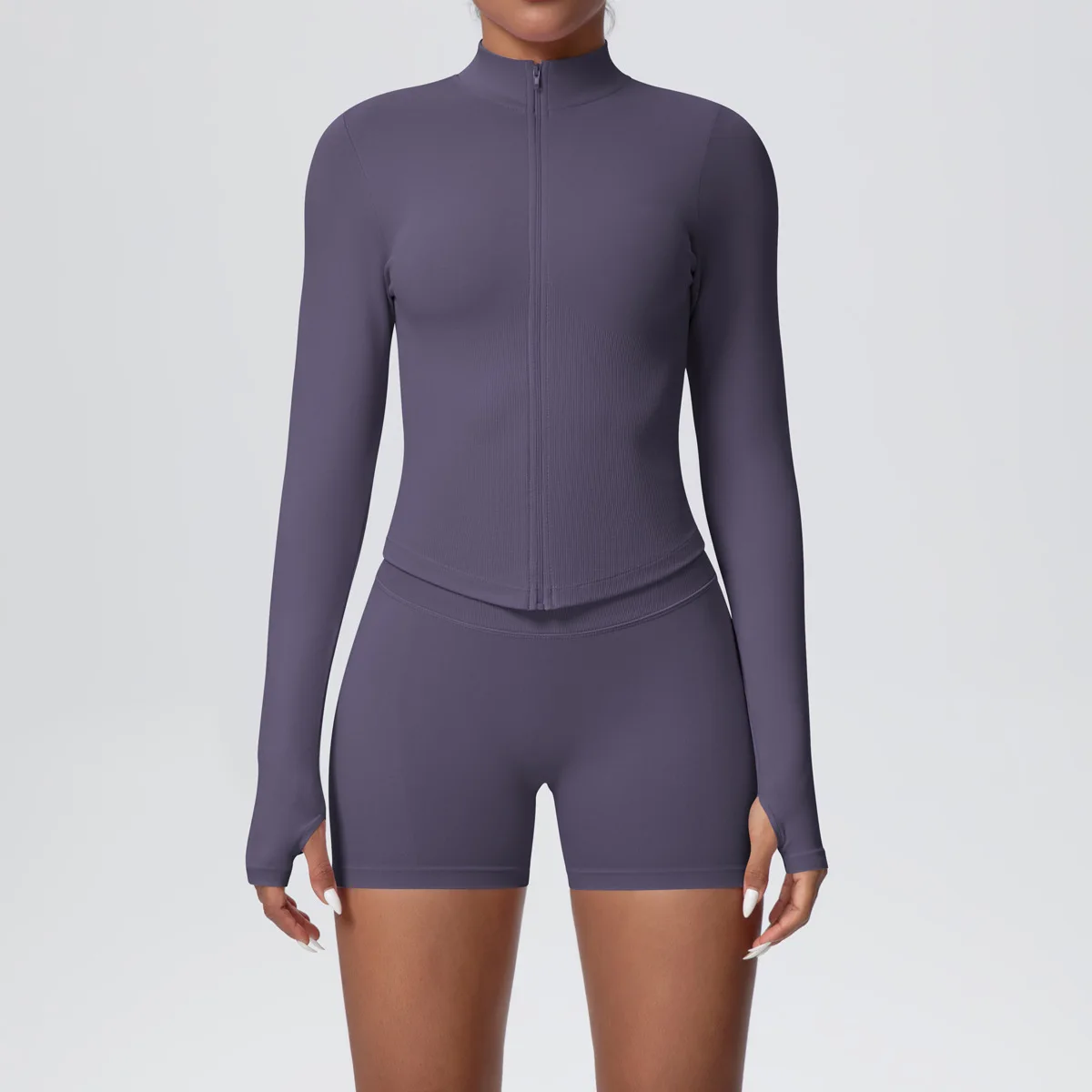 Women Gym Set - Seamless Yoga Suit With Zip Shirt & Cycling Shorts Activewear