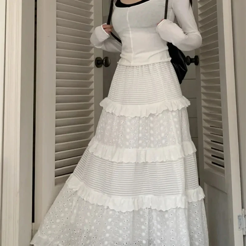 

Student Women Chiffon Skirts Spring Summer Vintage Elastic High Waist Patchwork White Black Chic A-line Cake Skirt 2023