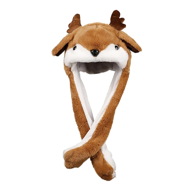 

Plush Animal Character Winter Hat Fun Warm Beanie with Ear Flaps Christmas Elk with Moving Ears for Kids Adults