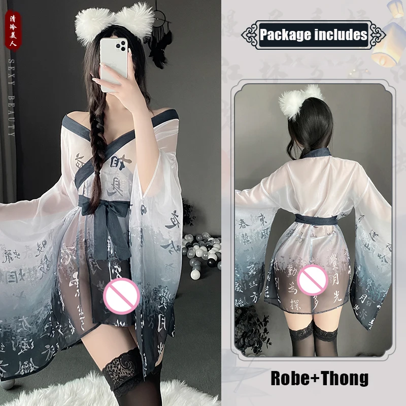 Women Lingerie Women Lingerie Set Women Cosplay Costume Japanese Kimono Women Sexy Lingerie See Through Mesh Nightgown Bathrobe Pajama Temptation Nightwear Robes cosplay sexy costume