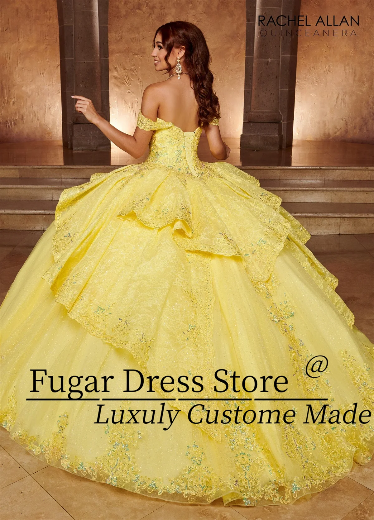 Yellow A-line layering Quinceanera Dresses Fashion Strapless Sequin embroidery beads Detachable bow tie