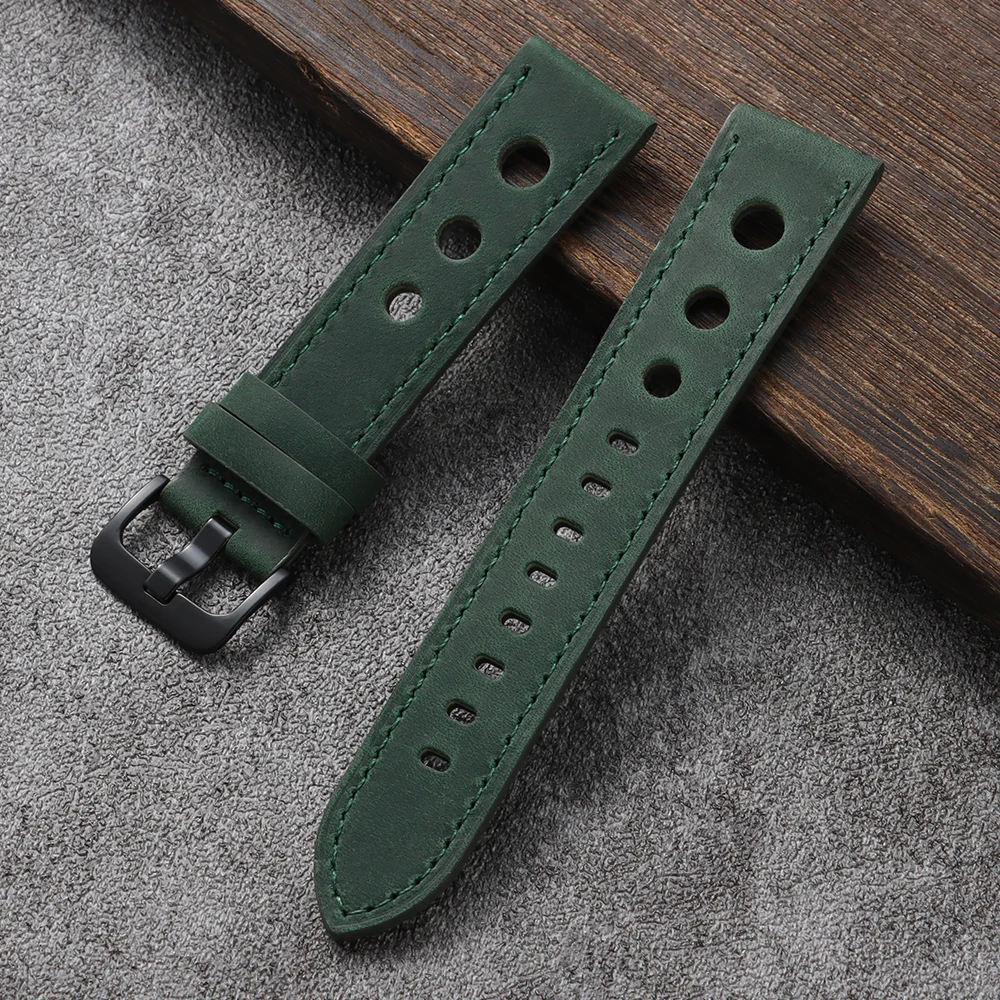Premium Crazy Horse Leather Watchband - Genuine Cowhide, Breathable Racing Strap
