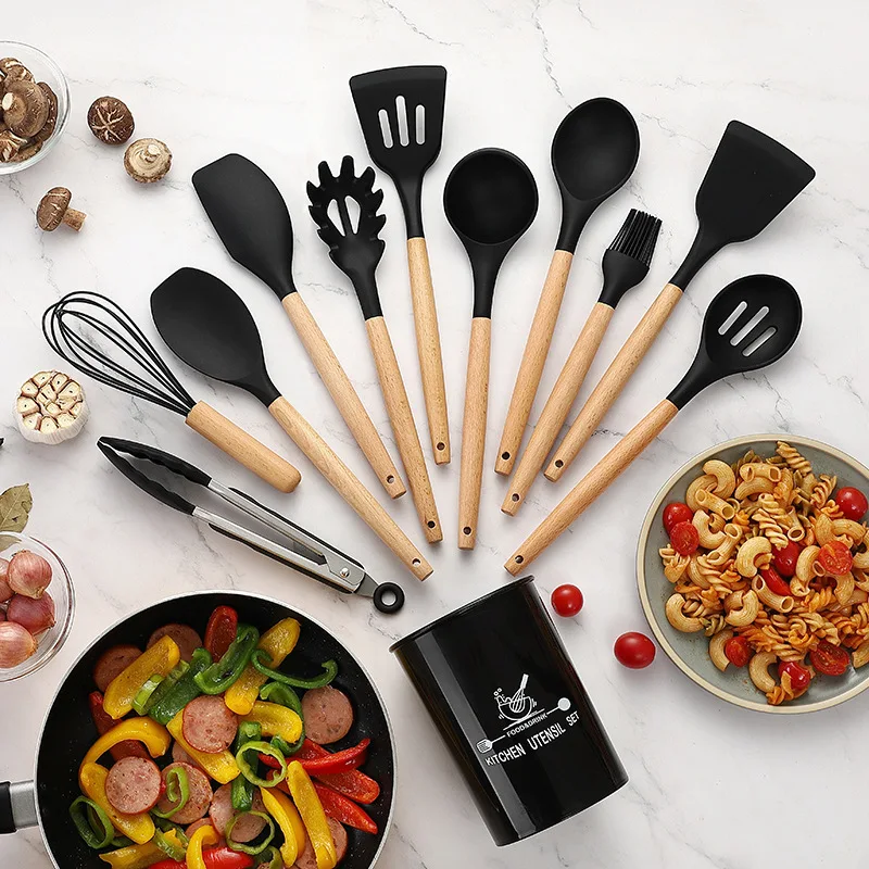

Kitchen Black Silicone Kitchenware Set Wooden Handle Cooking Spatula 11-Piece Silicone Cooking Utensils Set Shovel Egg Beaters