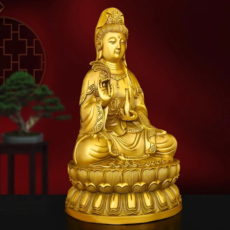 Brass Guanyin Bodhisattva Statue, Willow Branch & Water Vase on Lotus Throne, Buddhist Figurine for Serenity Protection, Home Al
