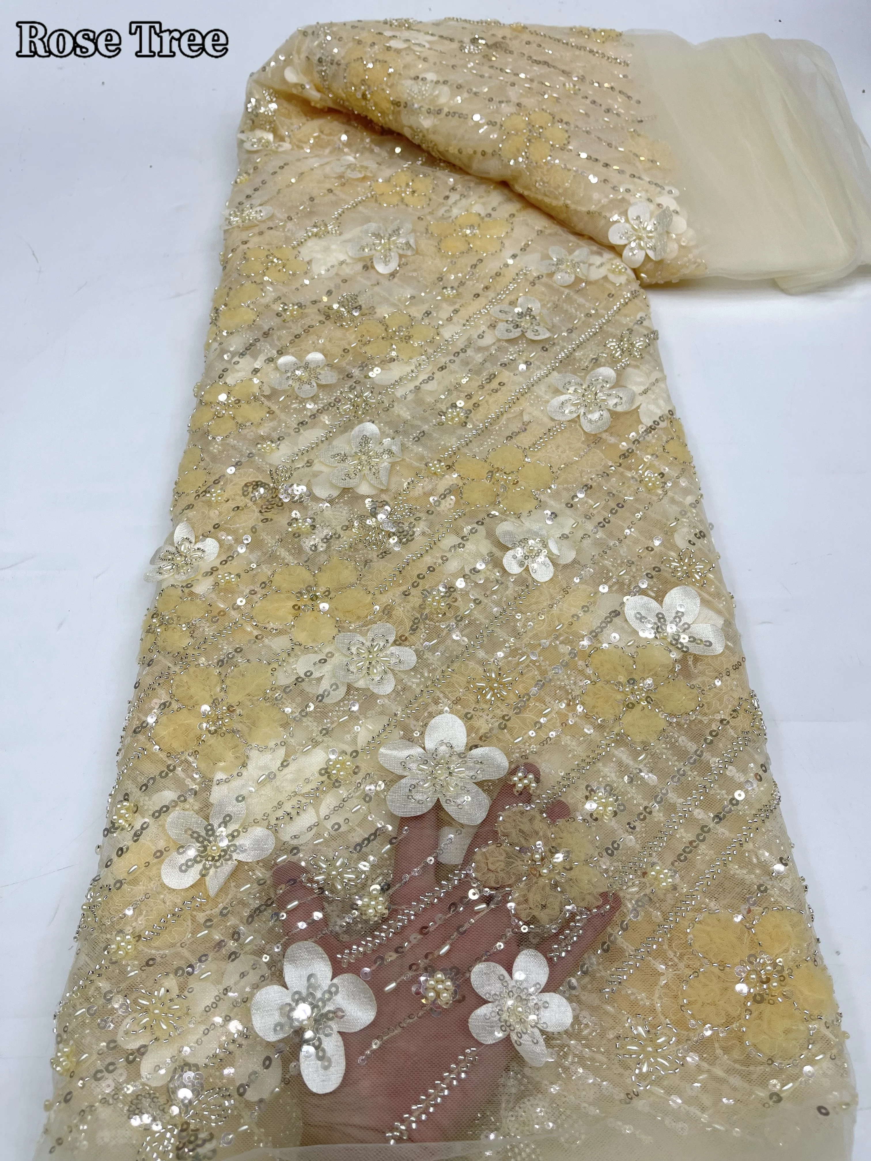 

3D Flower Lace African Sequins Beaded Lace Fabrics 2024 High Quality Sequence Embroidery French Nigerian Lace Fabric For Wedding