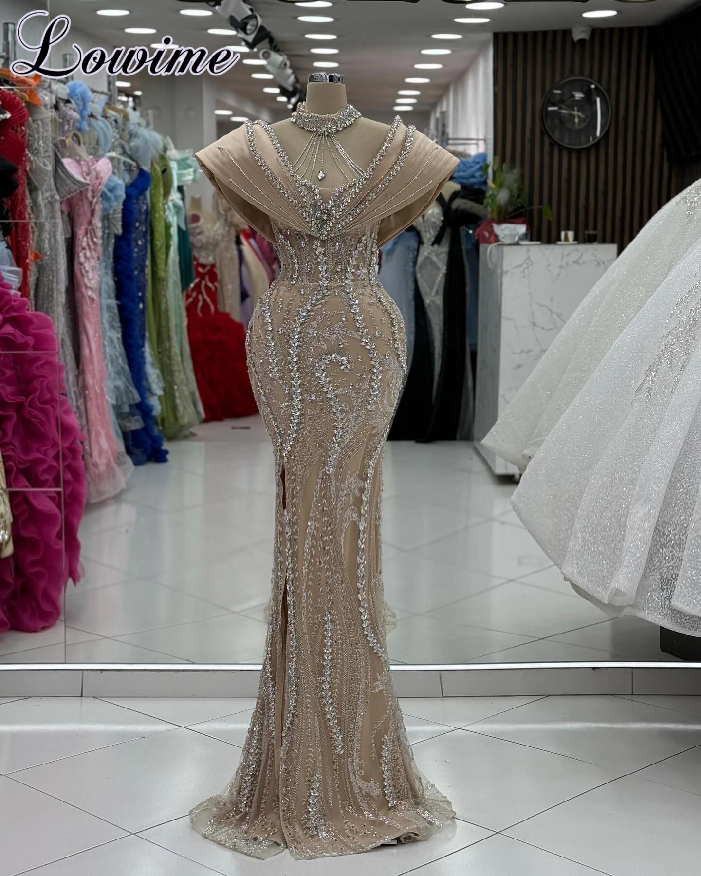 Champagne Crystal Mermaid Vintage Cocktail Prom Dresses for Wedding Party Customized