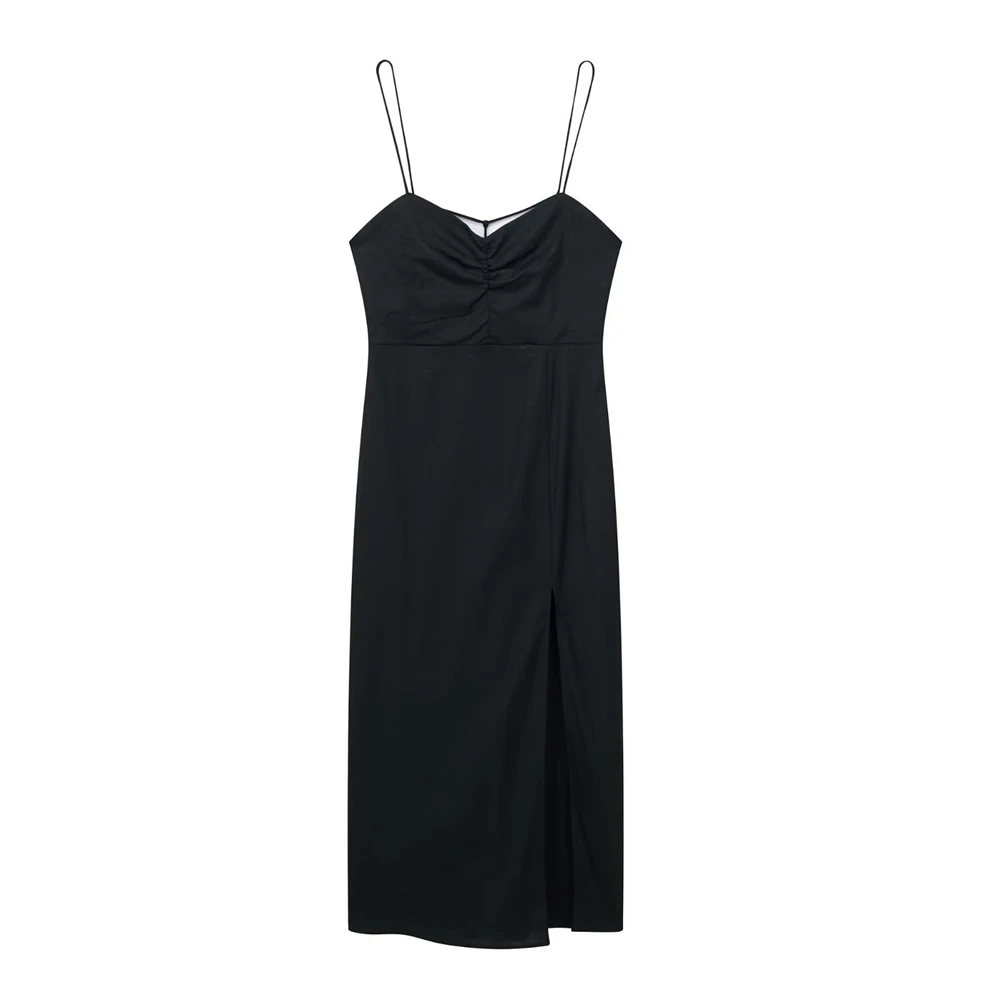 

Women Black Sling Long Dress 2023 Summer Sexy Drawstring Za V Neck High Slit Sleeveless Off Shoulder Party Dresses