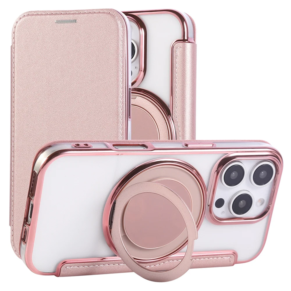 Premium Flip Leather Wallet Rotating Stand Magnetic Phone Case with Clear Cover