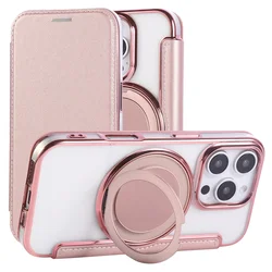 Premium Flip Leather Wallet Rotating Stand Magnetic Phone Case with Clear Cover - iPhone 15 (Pink)