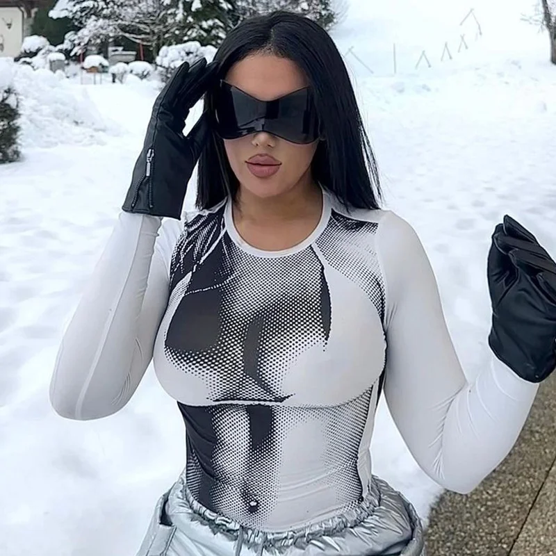 

Women New Style Body 3d Print Long Sleeve Slim T-shirt