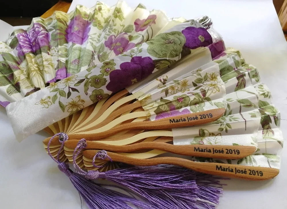 

Free Shipping 50 pcs Printed Personalized Delicate Packaging Japanese Flower Floral Fabric Folding Hand Fan Party Wedding Favors